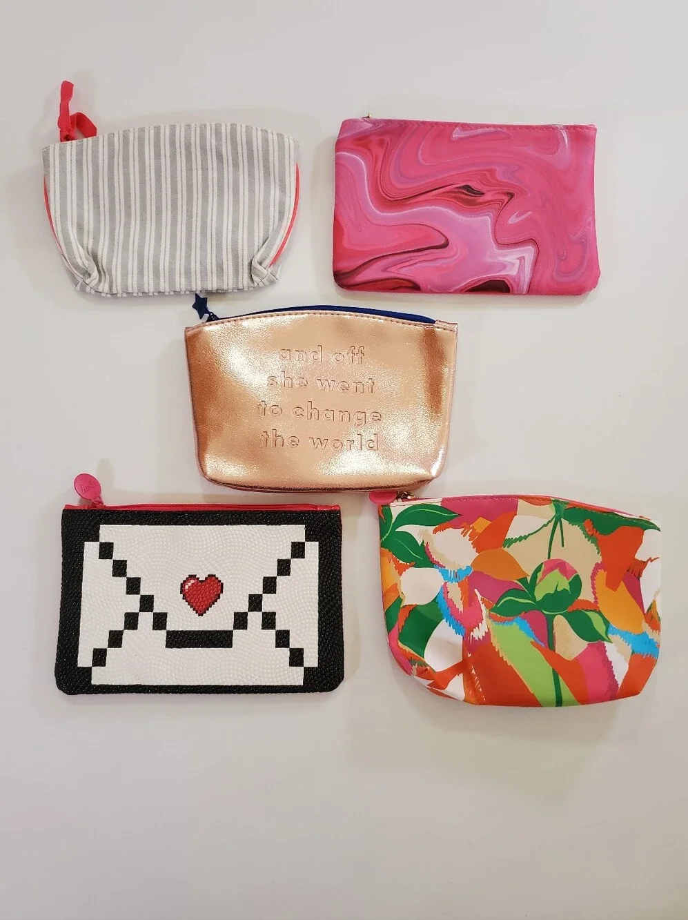 IPSY Bags Set of 5 Assorted Cosmetic Bags Stripe Marble Embossed Textured Floral